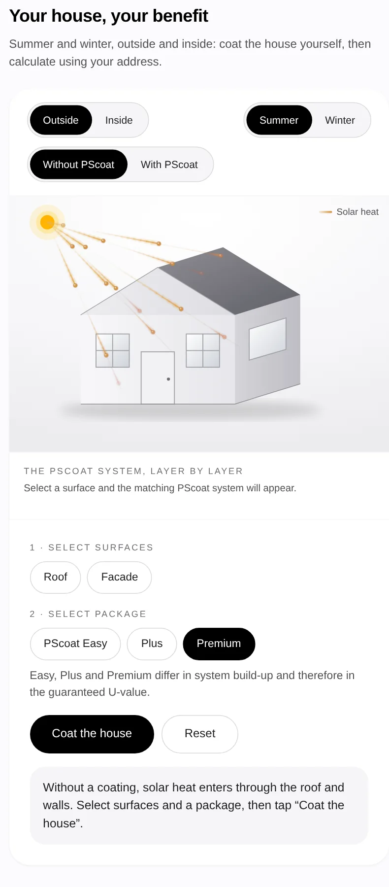 3D house with sun rays, switches for outside or inside, summer or winter, without or with PScoat, surface and package buttons