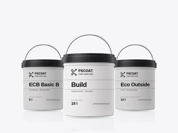 Three PScoat buckets: ECB Basic B primer, Build main layer for facades and Eco Outside finish