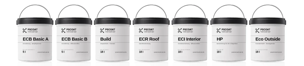 Seven PScoat 250T buckets in a row: ECB Basic A, ECB Basic B, Build, ECR Roof, ECI Interior, HP and Eco Outside